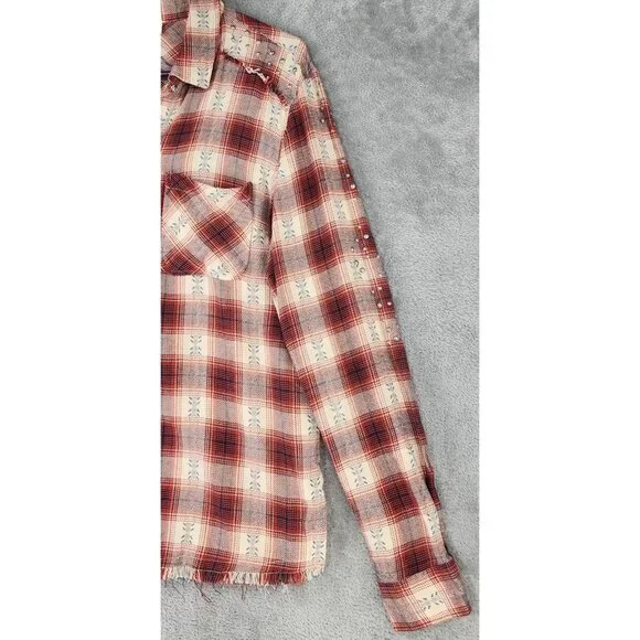 Idyll Wind Shirt Womens Large Red Cream Plaid Flannel Beaded Fringed Western Top - Picture 8 of 14